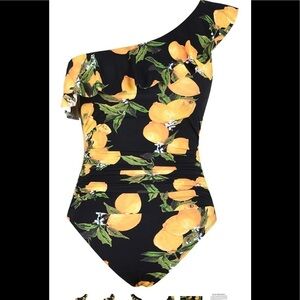 NWT Hilor black with lemons one ruffled shoulder one piece swimsuit ruched.